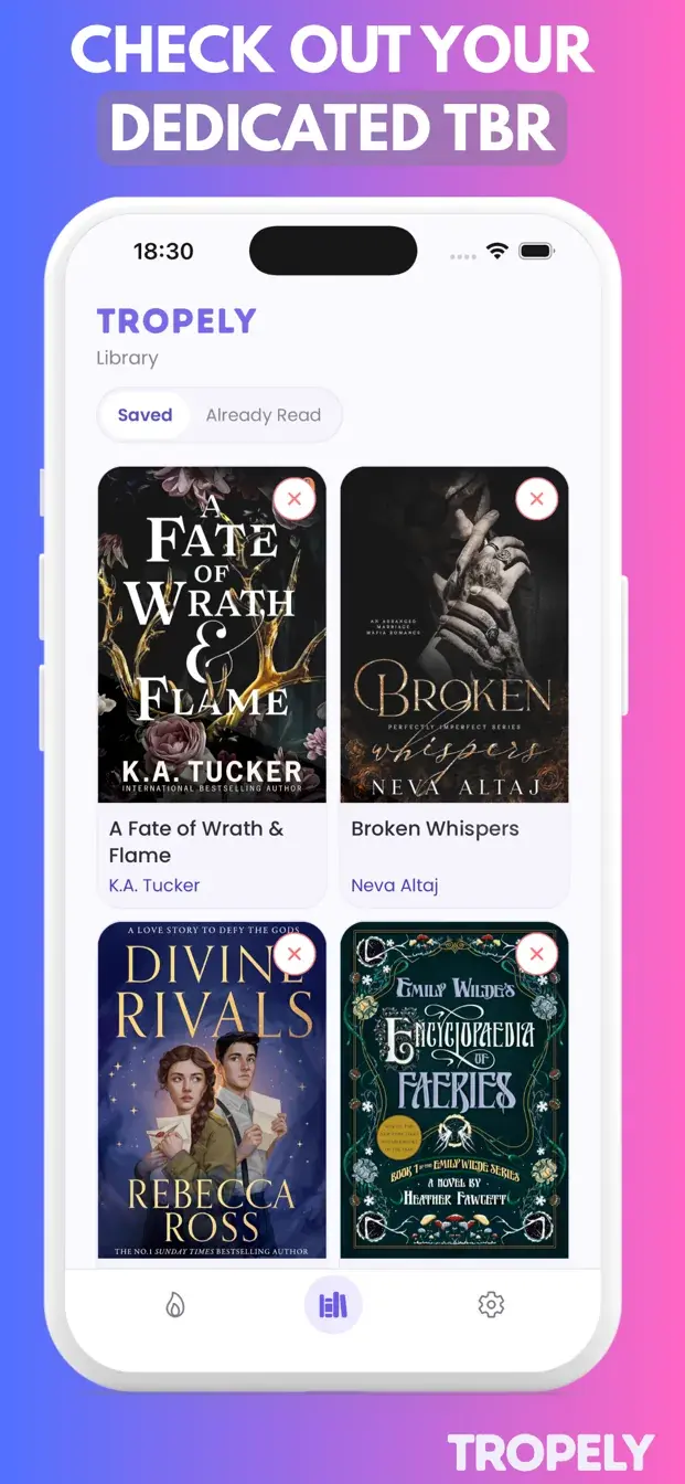Tropely library screen showing a saved TBR