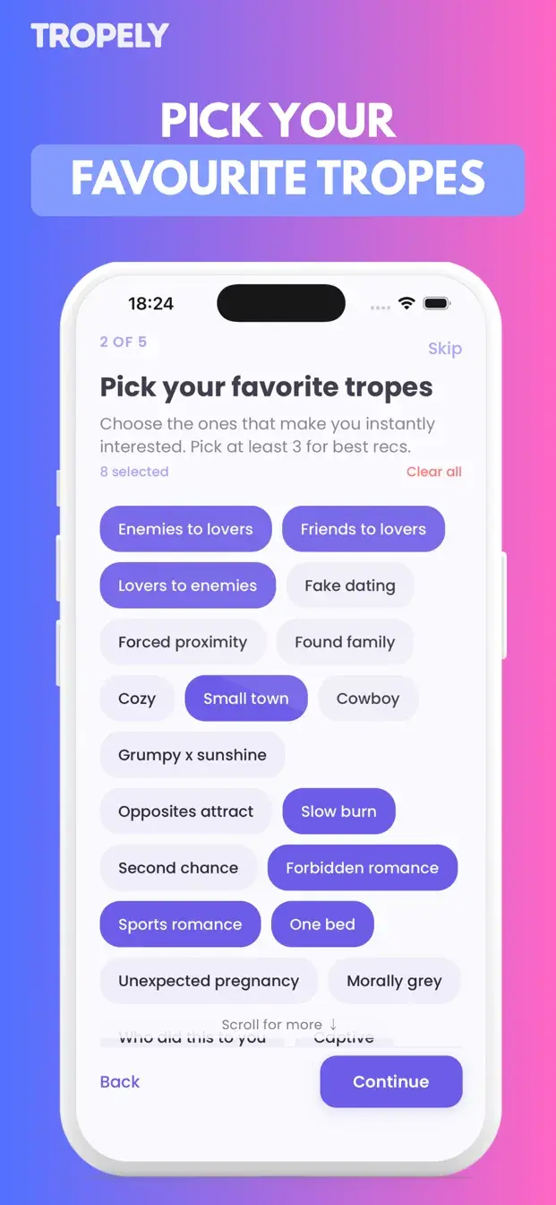 Tropely trope selection screen showing favourite tropes
